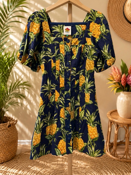 FARM Rio Dresses & Skirts - FARM Rio Delicate Pineapple Puff Sleeve Linen Blend Mini Dress P2P 17’ NWOT